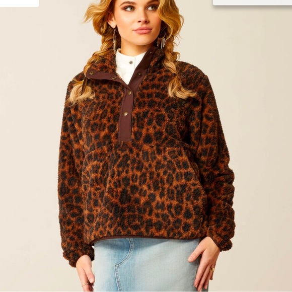Ariat tech Berber cheetah print Snap Front fleece Sweatshirt top size small - Picture 1 of 7